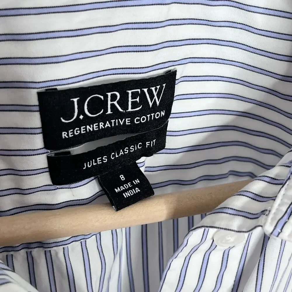 J.Crew Jules Classic Fit Button Up Shirt 8 Blue White Stripe Cotton CN525